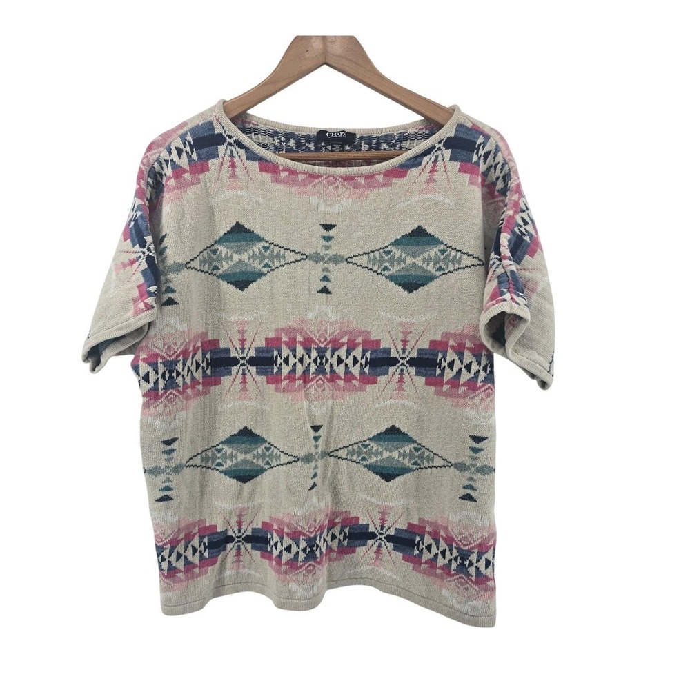 Chaps Sweater Womens 2X Beige Pink Blue Aztec Short Sleeve Cotton Linen Blend